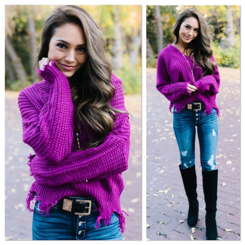 Magenta Frayed V-Neck Distressed Sweater - Picture 1 of 7
